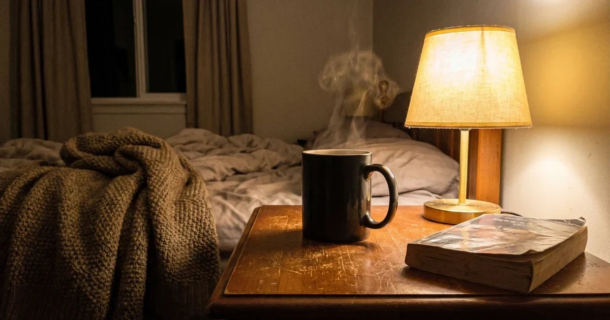A warm mug of cocoa on a bedside table in soft evening light