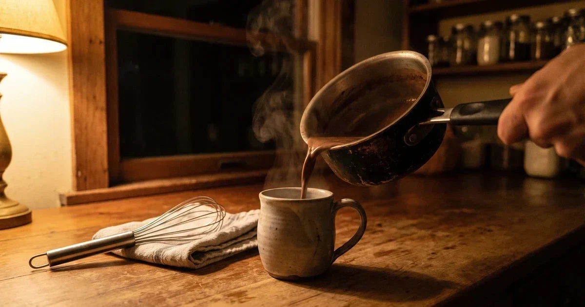 Warm mushroom cocoa being poured into a mug in a dim evening kitchen