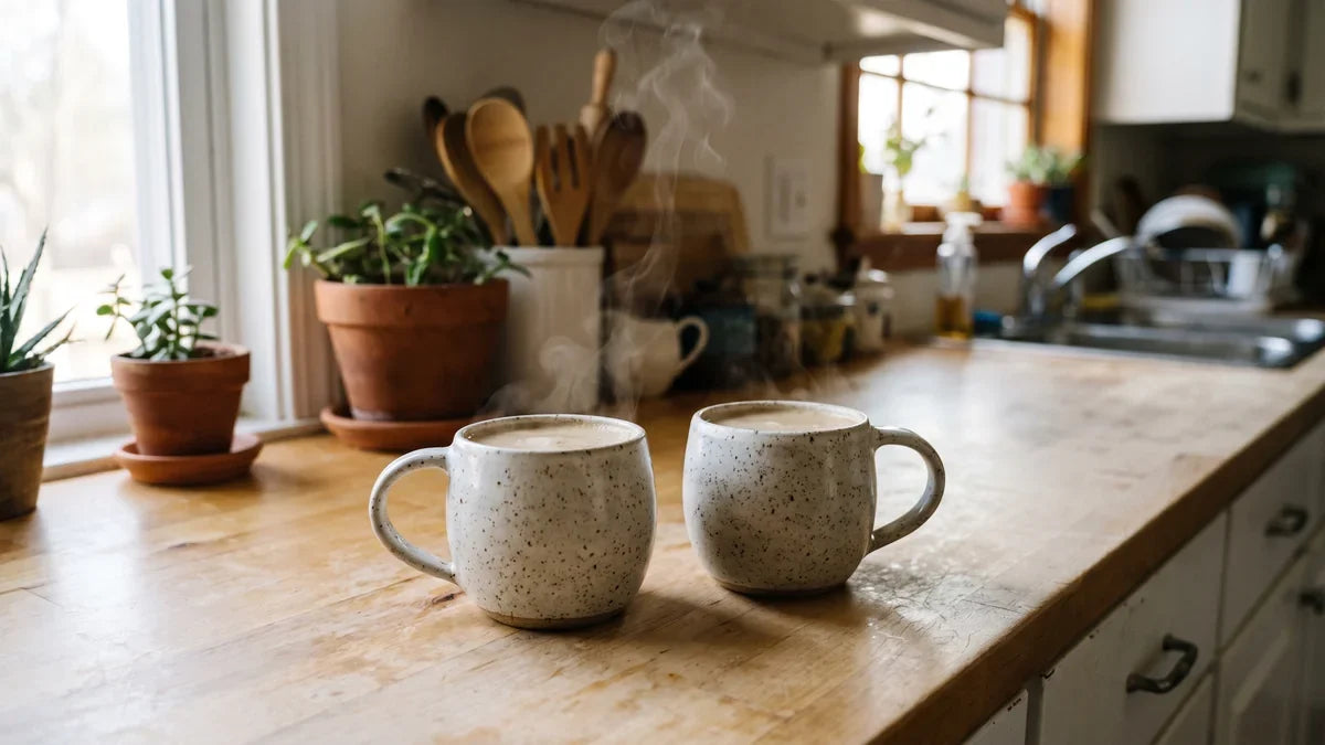 Two mugs of mushroom coffee on a sunny kitchen counter, showing a typical one to two cups a day