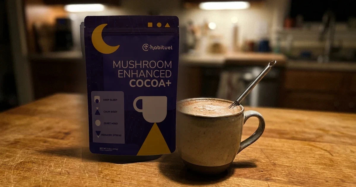 A Habituel mushroom cocoa pouch beside a frothy mug of cocoa and a whisk