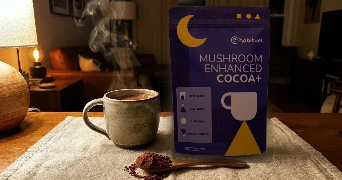 A Habituel Enhanced Mushroom Cocoa Plus pouch and a steaming mug on linen