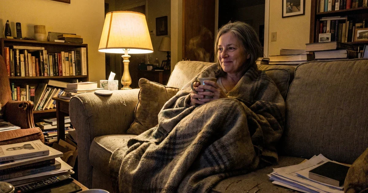A woman relaxing on the couch at night holding a warm mug of cocoa