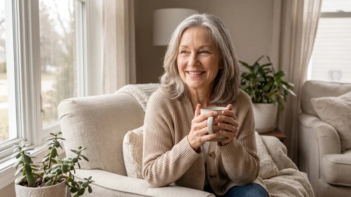 A calm woman in her early fifties holding a warm mug by a bright window on a peaceful morning