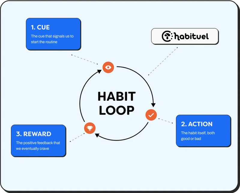 The habit loop: cue, action, reward, with Habituel in the action step