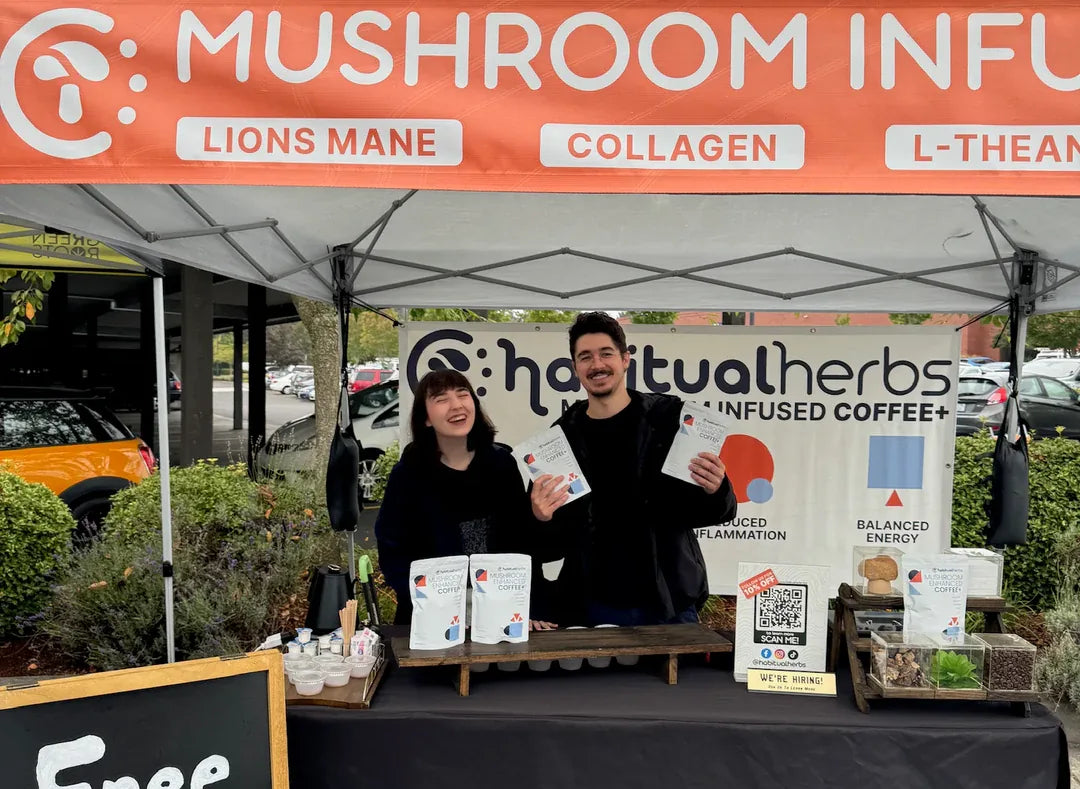 Habituel at a local farmers market, handing out free samples